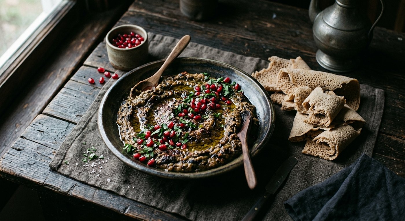 Coal-Charred Aubergine with Injera